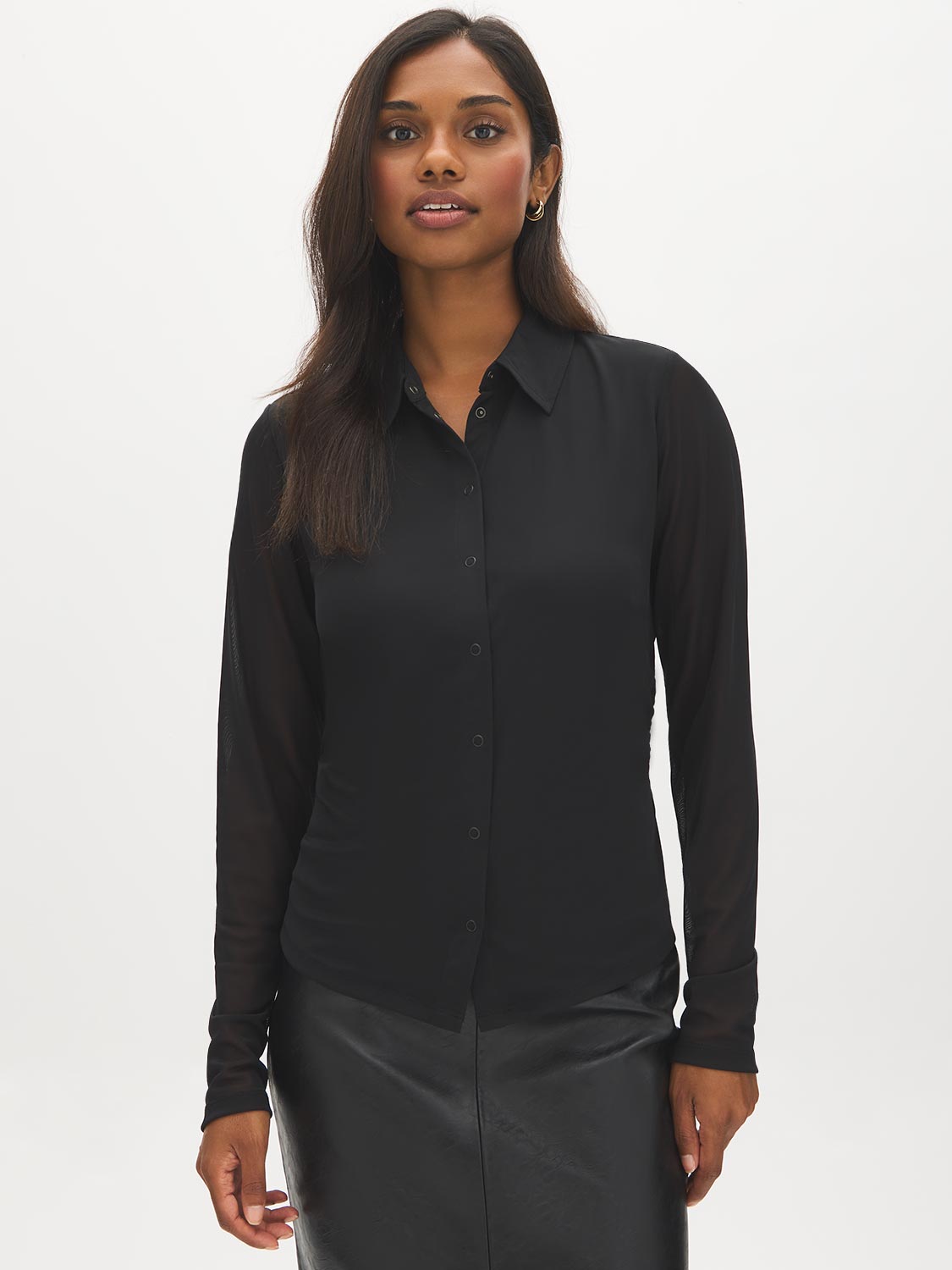 Jet Black Mesh Blouse with Shirring - Woman Wearing Fitted Stretch Blouse - Suzy Shier