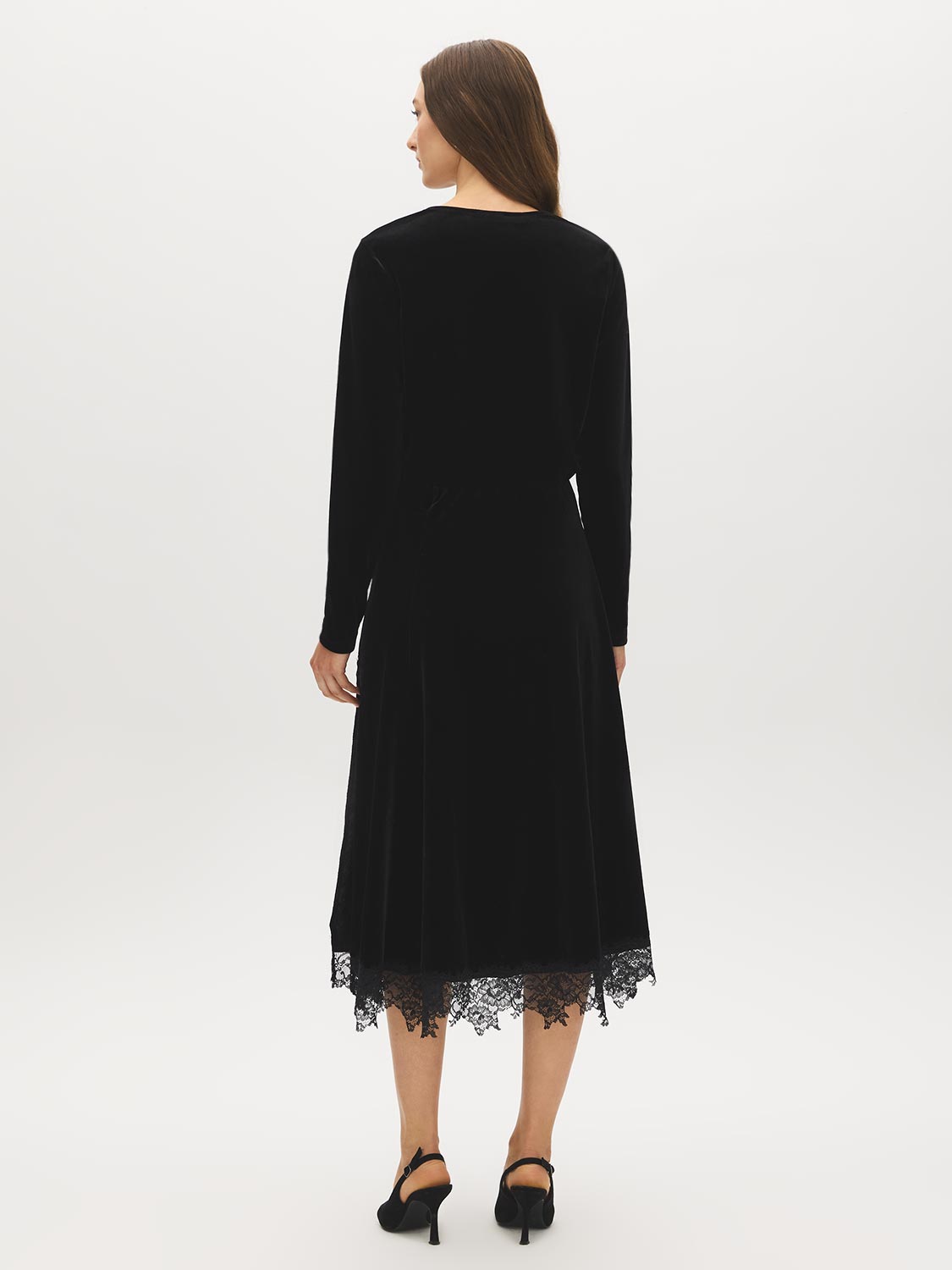 Black Lace Trim Velour Skirt with Front Slit - Back View - Suzy Shier