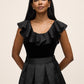 Black Satin Ruffle Low Back Velour Top - Woman Wearing Evening Knit Top - Le Chateau