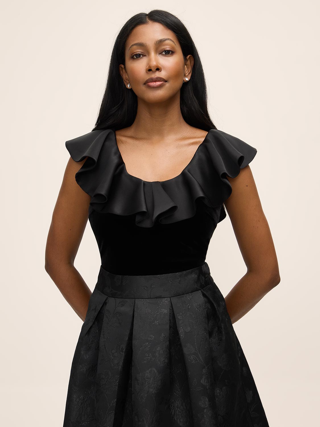 Black Satin Ruffle Low Back Velour Top - Woman Wearing Evening Knit Top - Le Chateau