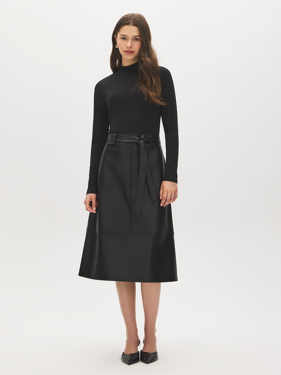 Jet Black Mock Neck Two-Fer Midi Dress - Front View - Suzy Shier