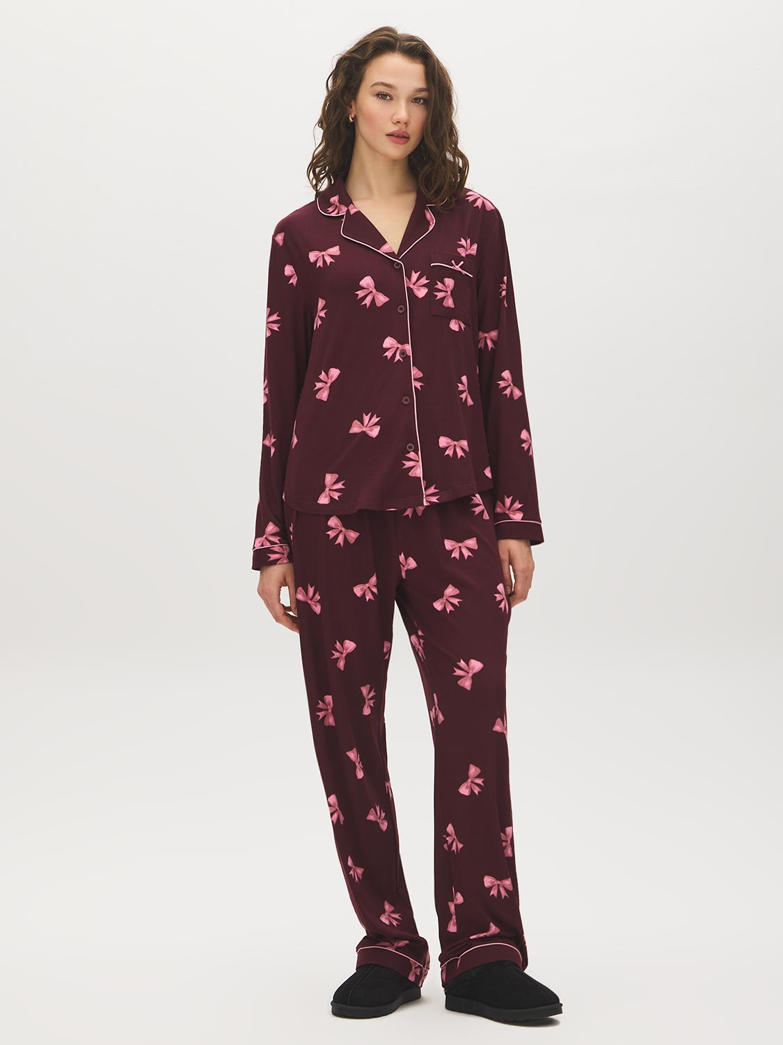 Burgundy Bows Print Pajama Set - Woman Wearing Comfortable Two-Piece Sleepwear - Suzy Shier