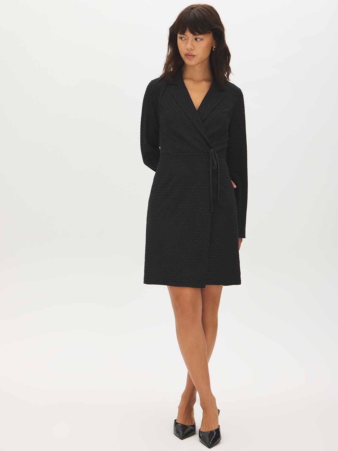 Black Studded Blazer Dress with Notch Collar - Woman Wearing Polished Dress with Long Sleeves - Suzy Shier