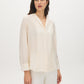 Winter White Relaxed Fit Notch Collar Tuxedo Blouse - Woman Wearing Elegant Long Sleeve Blouse - Suzy Shier