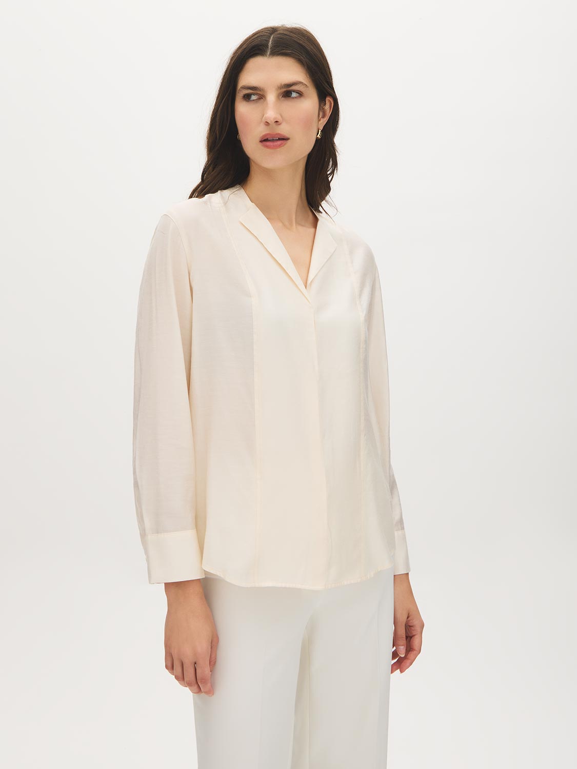 Winter White Relaxed Fit Notch Collar Tuxedo Blouse - Woman Wearing Elegant Long Sleeve Blouse - Suzy Shier
