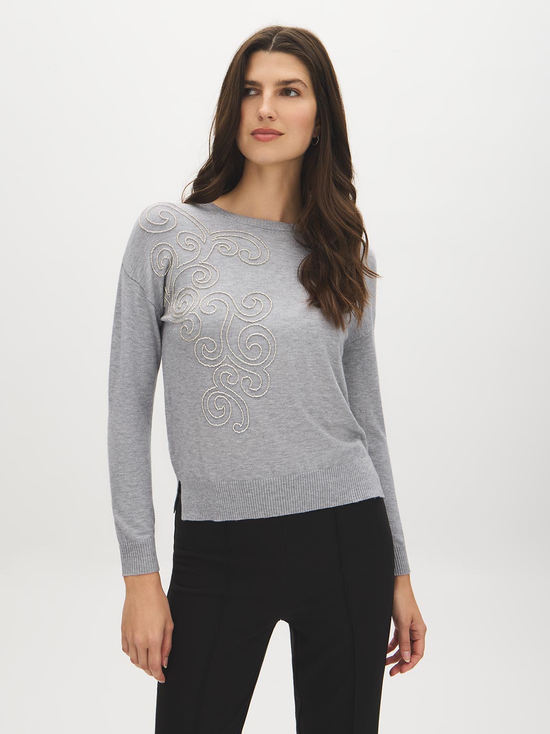 Light Grey Bead Embellished Knit Sweater - Woman Wearing Long Sleeve Sweater - Suzy Shier