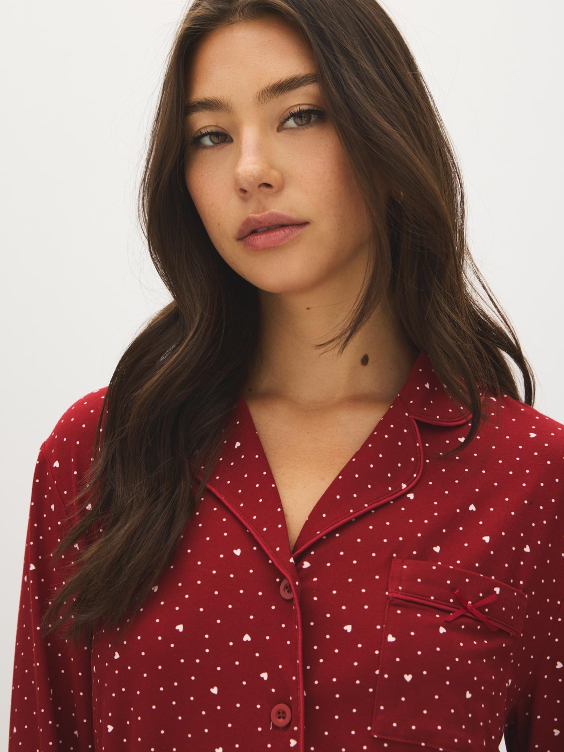 Winery Dots and Hearts Print PJ Set - Collar Detail - Suzy Shier