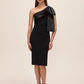 Black One-Shoulder Knit Crepe Sheath Dress - Woman Wearing Cocktail Length Dress with Satin Bow - Le Chateau