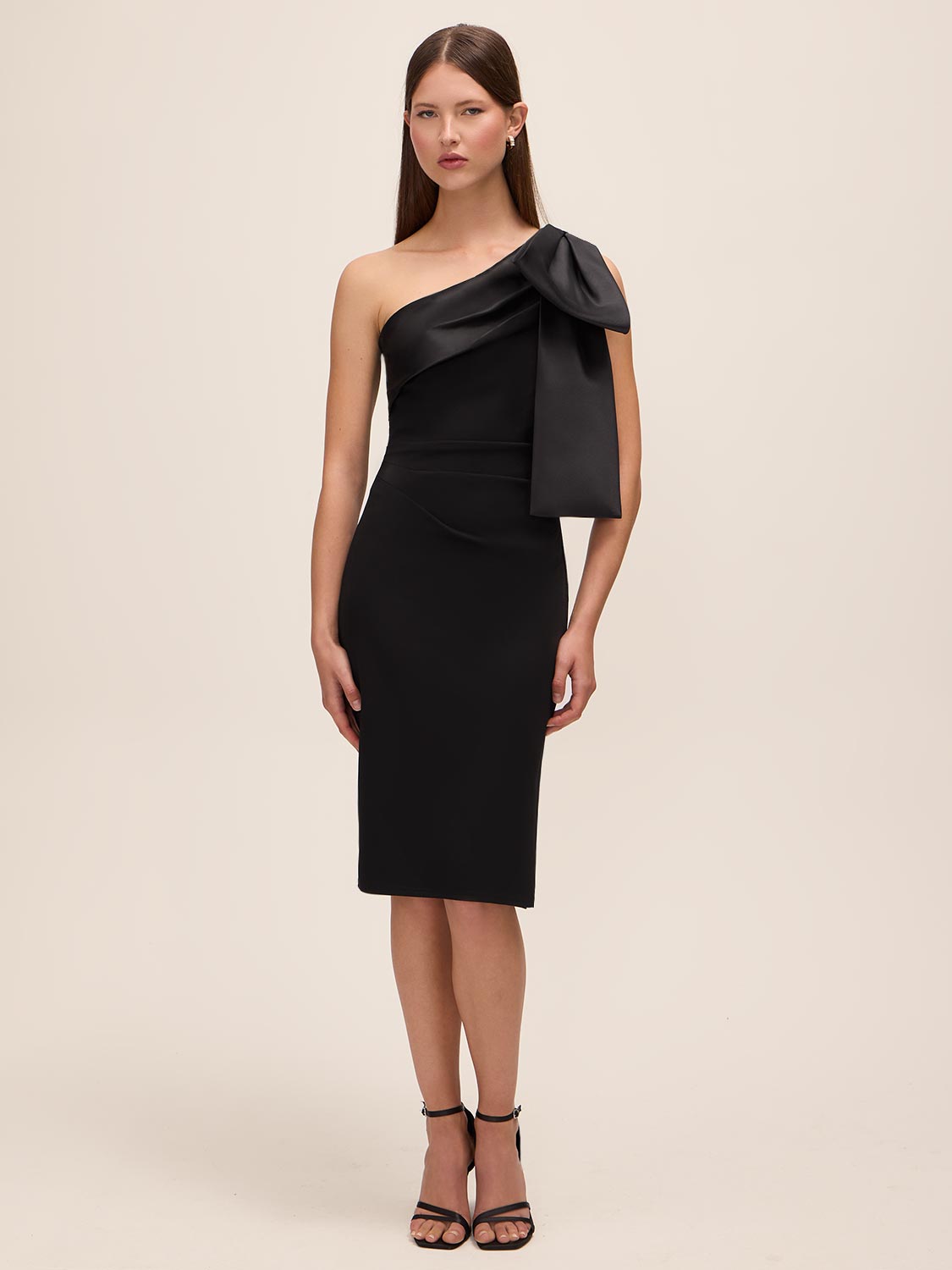 Black One-Shoulder Knit Crepe Sheath Dress - Woman Wearing Cocktail Length Dress with Satin Bow - Le Chateau