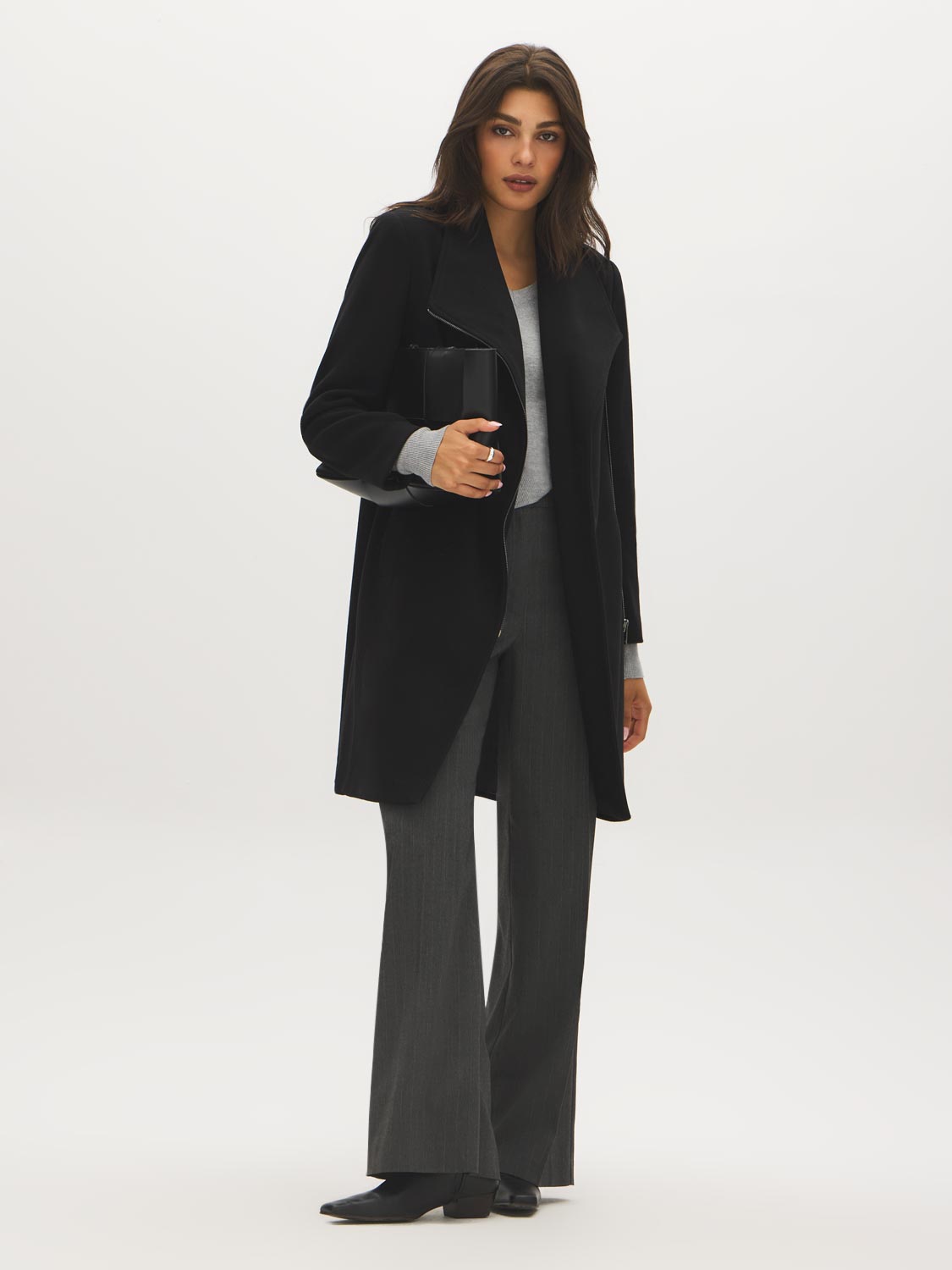 Black Asymmetrical Zip Front Faux Wool Coat - Front View - Suzy Shier