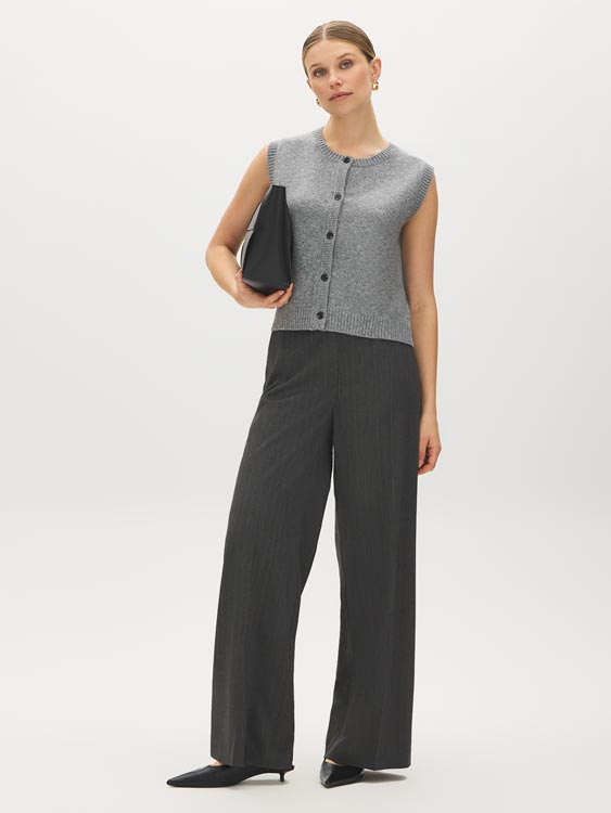 Heather Grey Button-Front Sleeveless Knit Vest - Front View - Suzy Shier