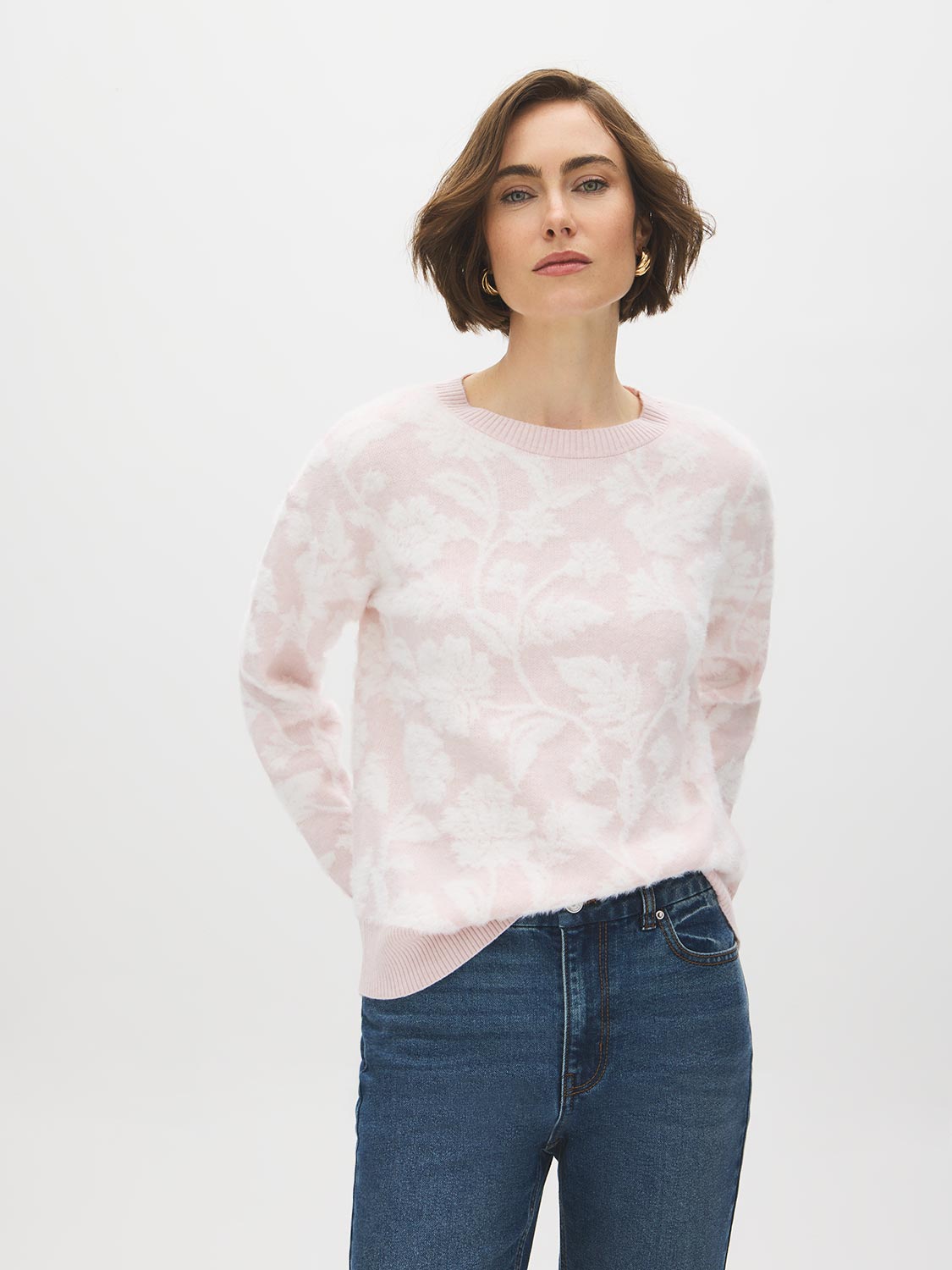 Blush Combo Two-Tone Jacquard Fuzzy Sweater - Woman Wearing Soft Knit Top - Suzy Shier