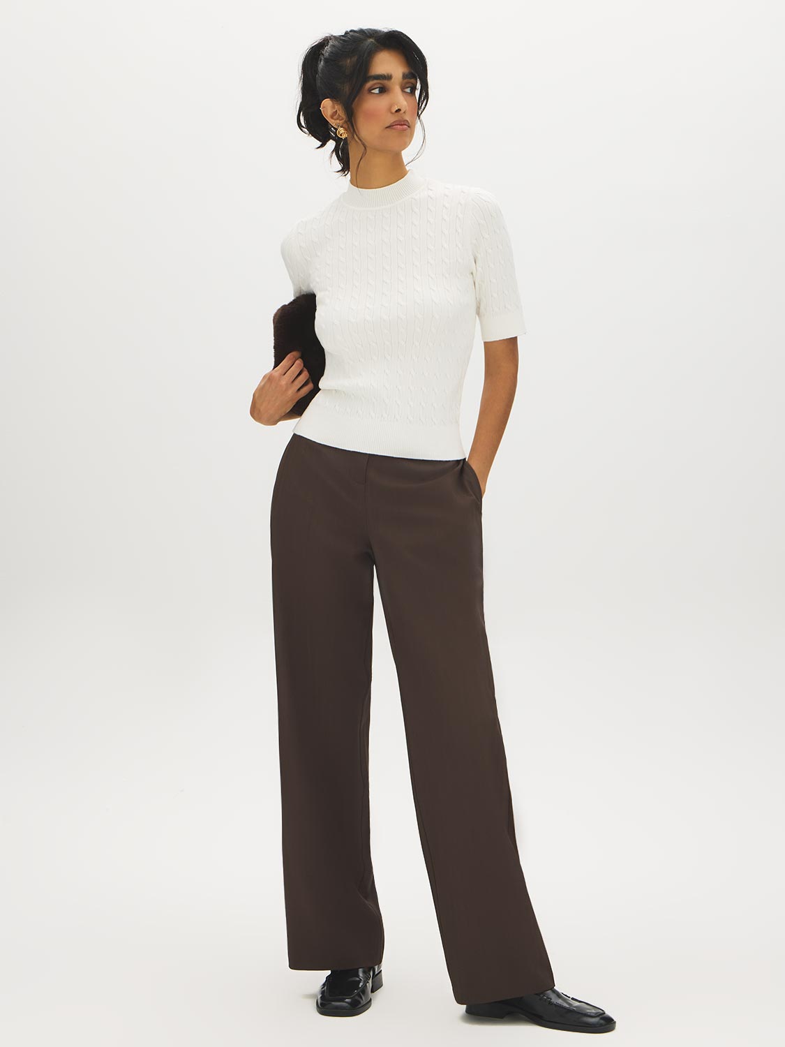 Snow White Mock Neck Cable Knit Sweater - Front View - Suzy Shier