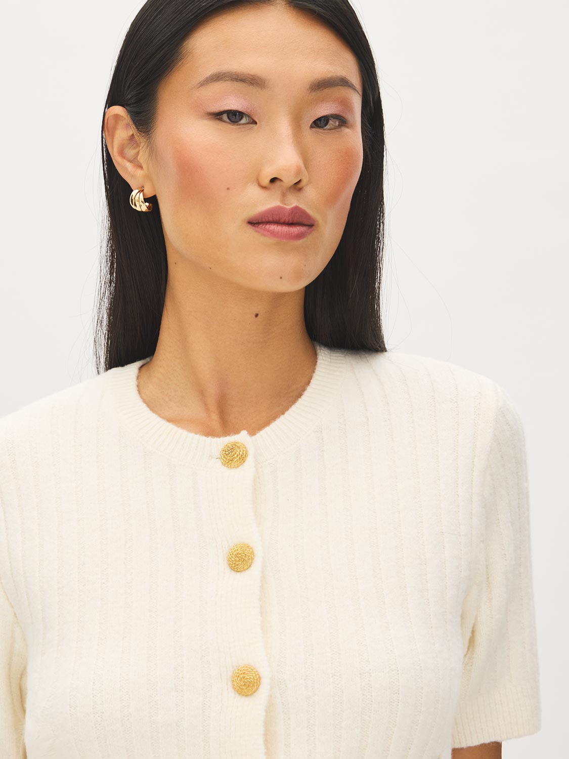 Snow White Short Sleeve Ribbed Button-Front Cardigan - Close-up Button Detail - Suzy Shier