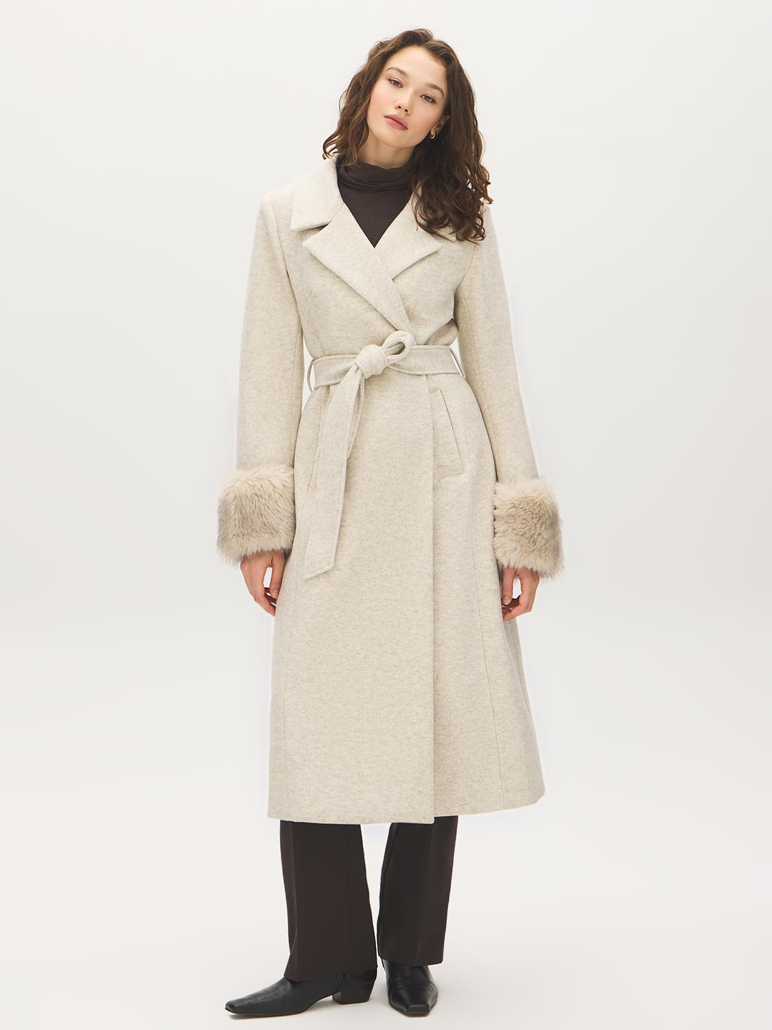 Dark Brown Melange Long Belted Faux Wool Coat - Front View - Suzy Shier