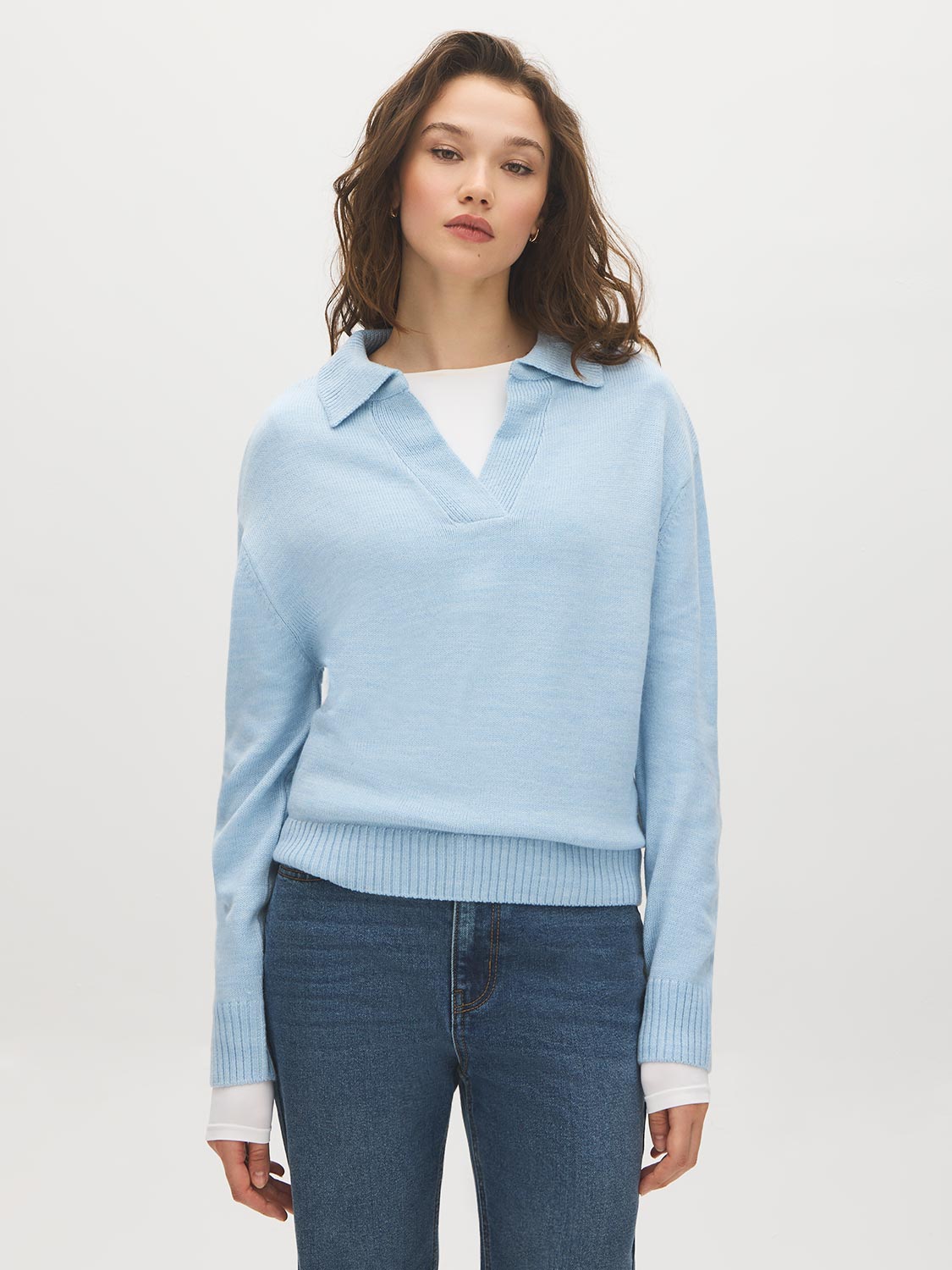 Blue Melange Polo Collar Knit Sweater - Woman Wearing V-Neck Sweater - Suzy Shier