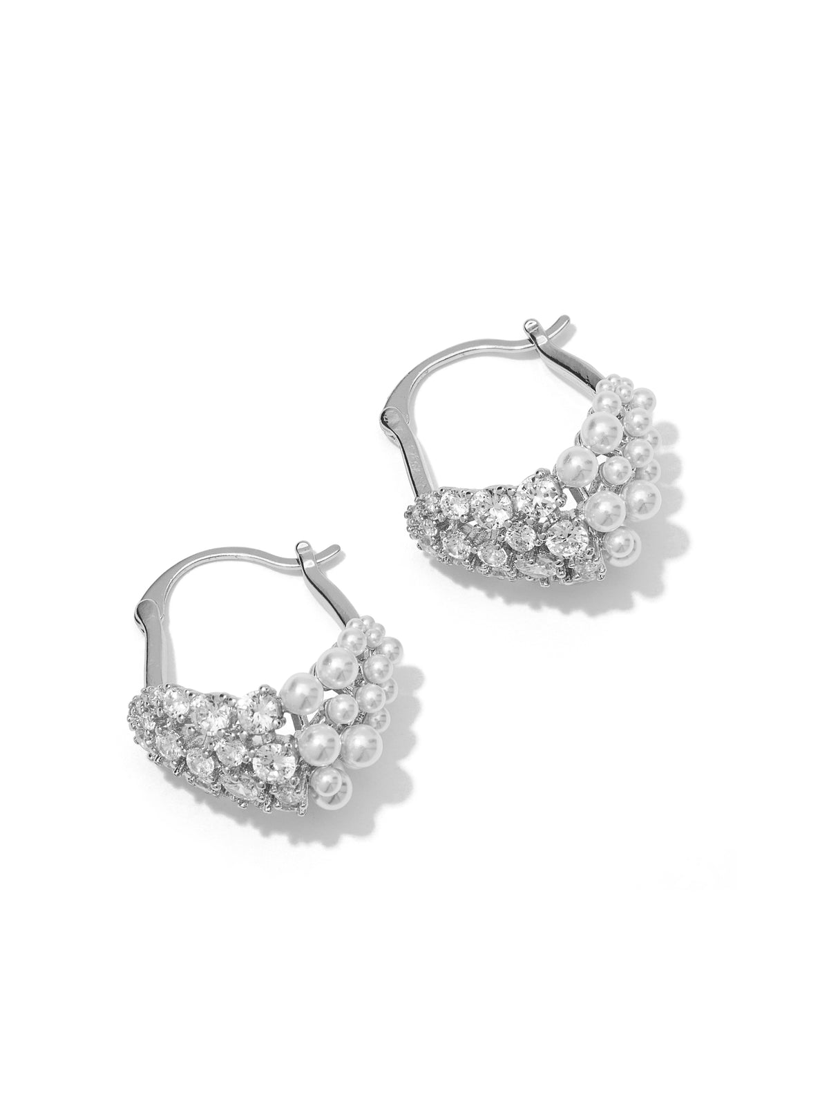 Gold Pearl and CZ Hoop Earrings - Close-up of Elegant Jewelry - Suzy Shier