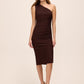 Chocolate One-Shoulder Sheath Dress with Heat Transfer Studs - Woman Wearing Studded Evening Dress - Le Chateau