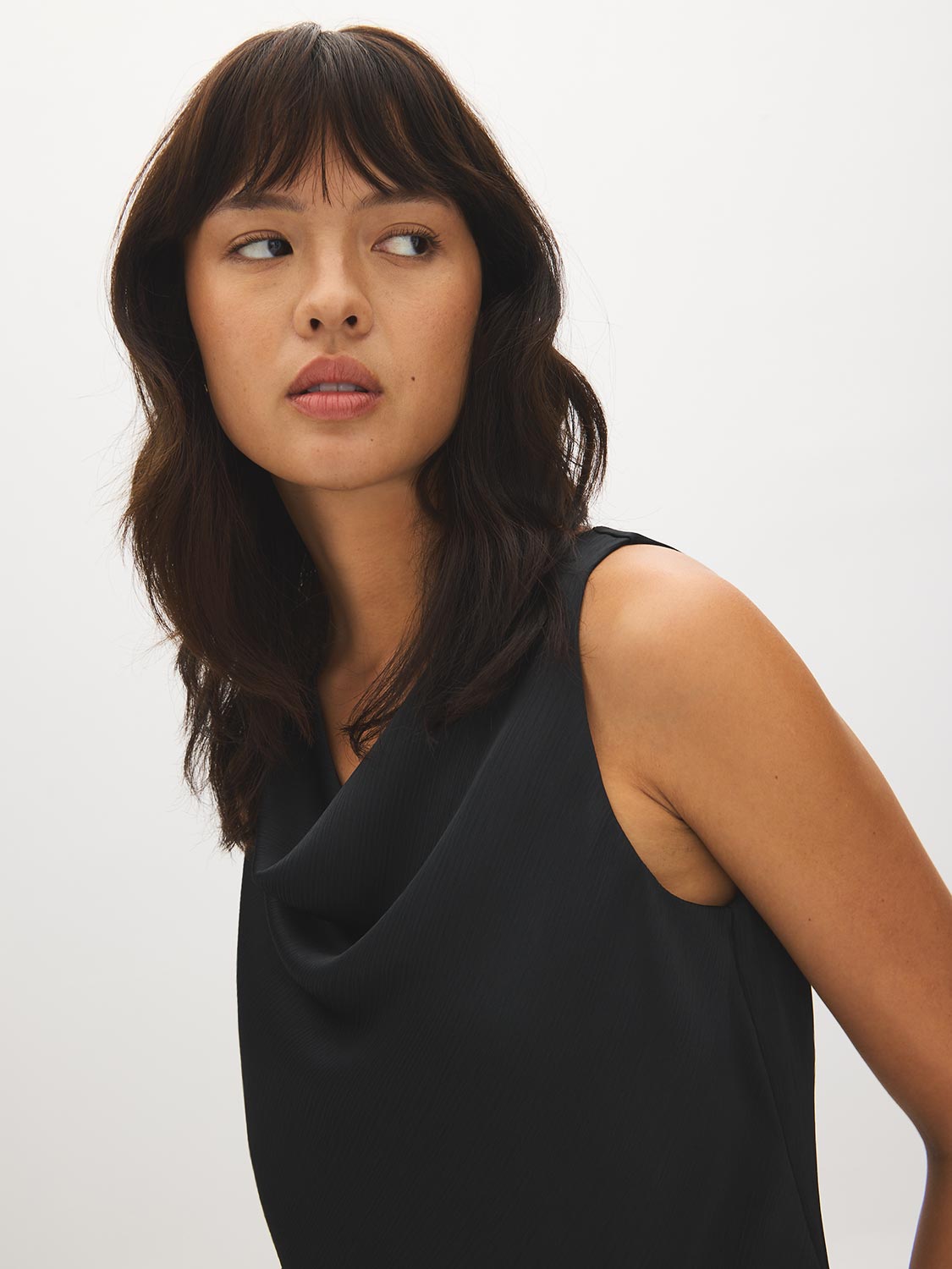Black Crinkle Satin Draped Halter Top - Close-up Fabric Detail - Suzy Shier