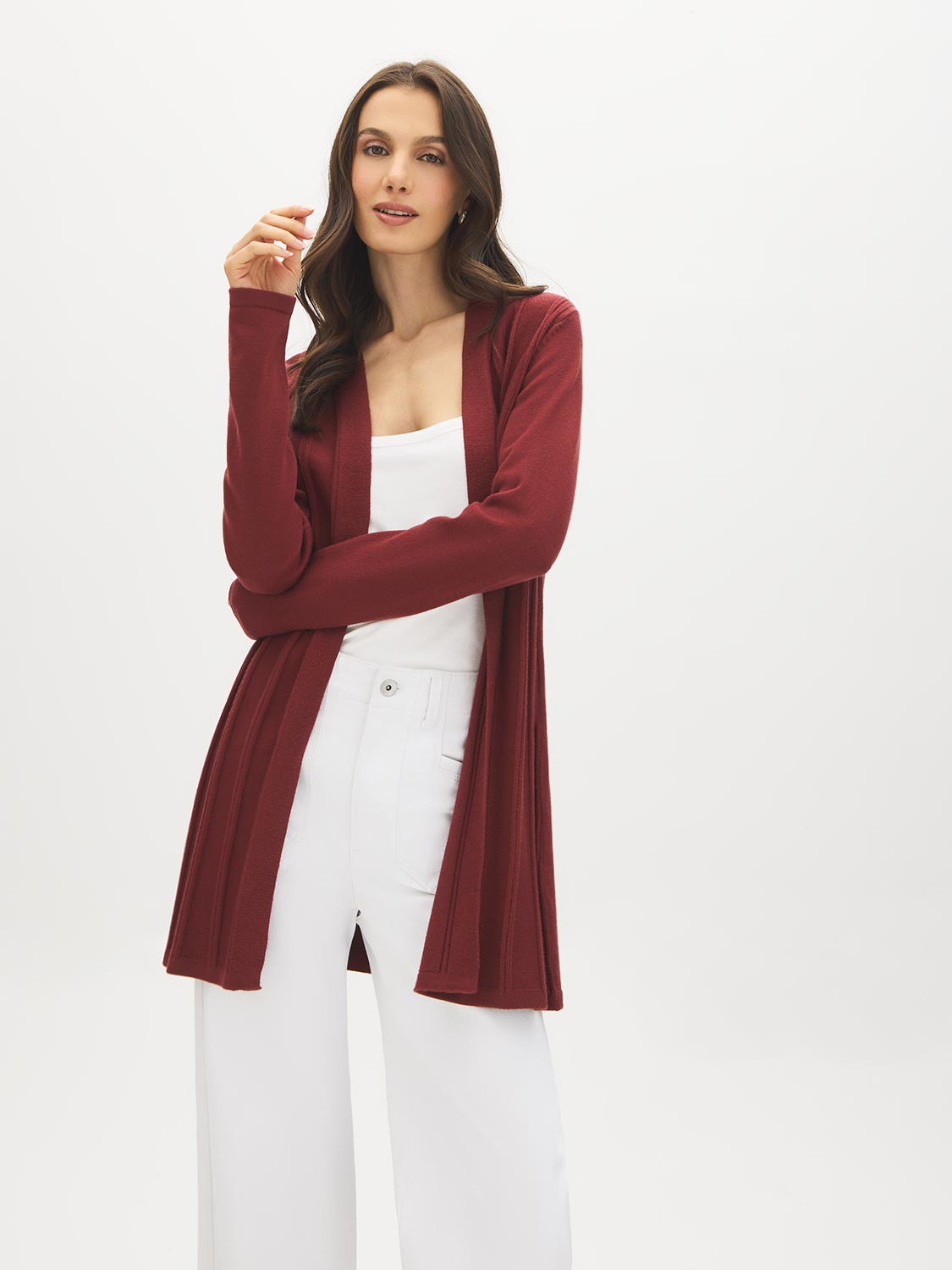 Syrah Ribbed Knit Duster Cardigan - Woman Wearing Open-Front Long Cardigan - Suzy Shier