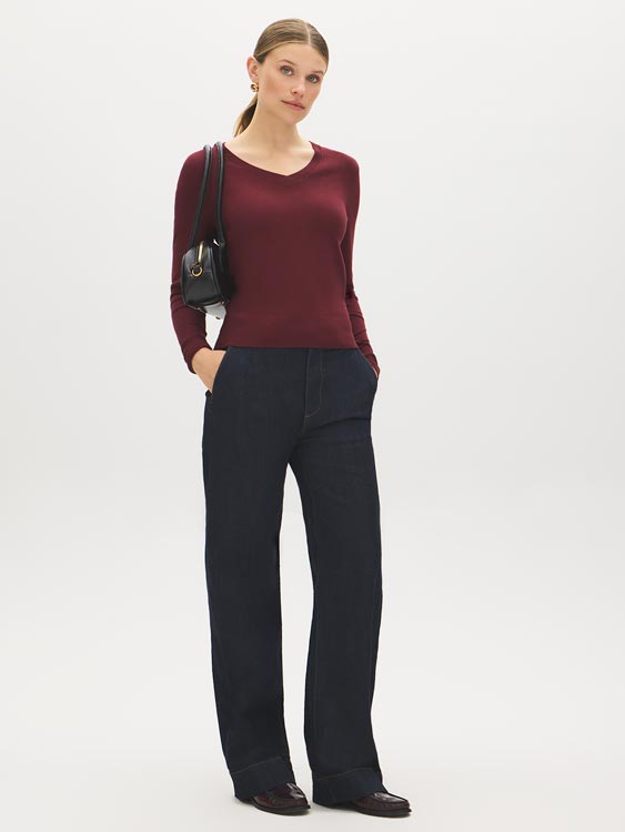 Zinfandel V-Neck Knit Sweater with Ribbed Cuffs - Front View - Suzy Shier