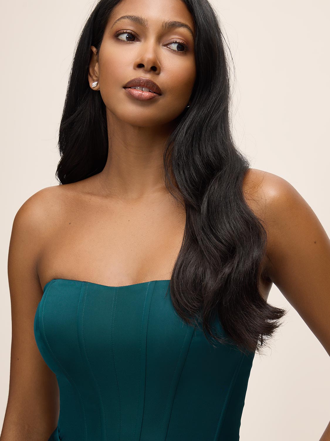 Teal Satin Bustier Midi Dress with Side Slit - Close-up Bust Detail - Le Chateau