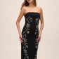 Black Strapless Knit Crepe Midi Dress with Floral Studs - Front View - Le Chateau
