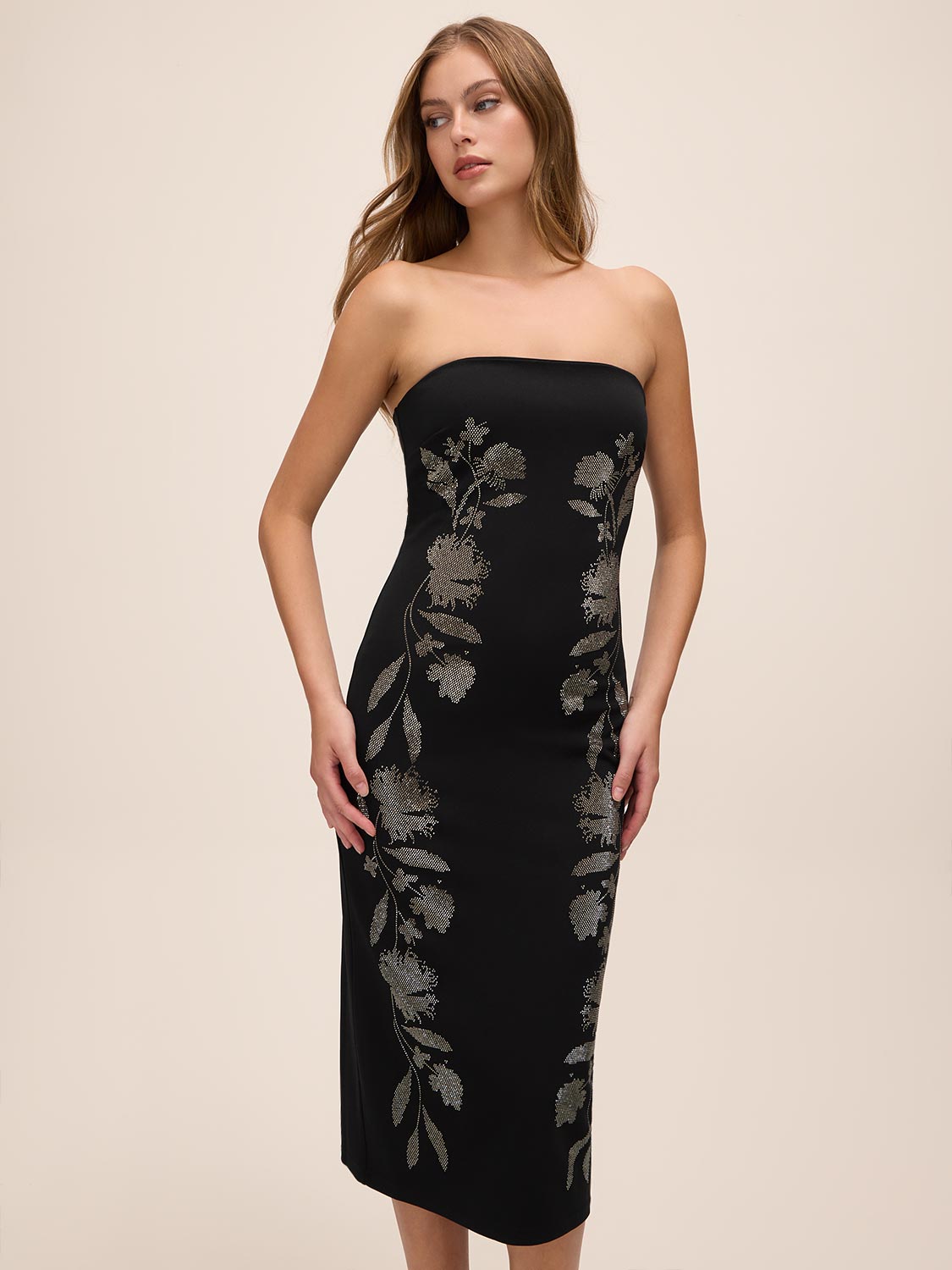 Black Strapless Knit Crepe Midi Dress with Floral Studs - Front View - Le Chateau