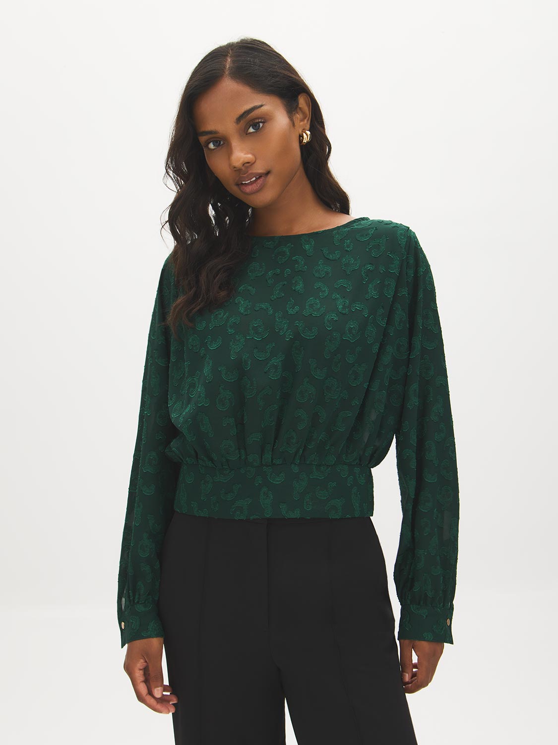 Scarab Flocked Popover Blouse with Pleated Shoulders - Woman Wearing Patterned Long Sleeve Top - Suzy Shier