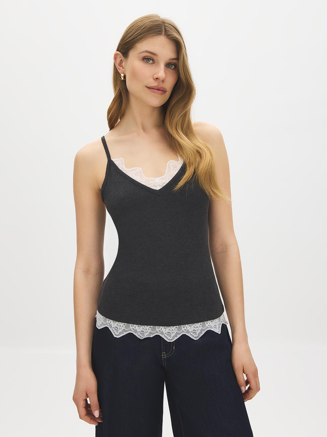 Charcoal Melange Lace Trim Tank Top - Woman Wearing Spaghetti Strap V-Neck Top - Suzy Shier
