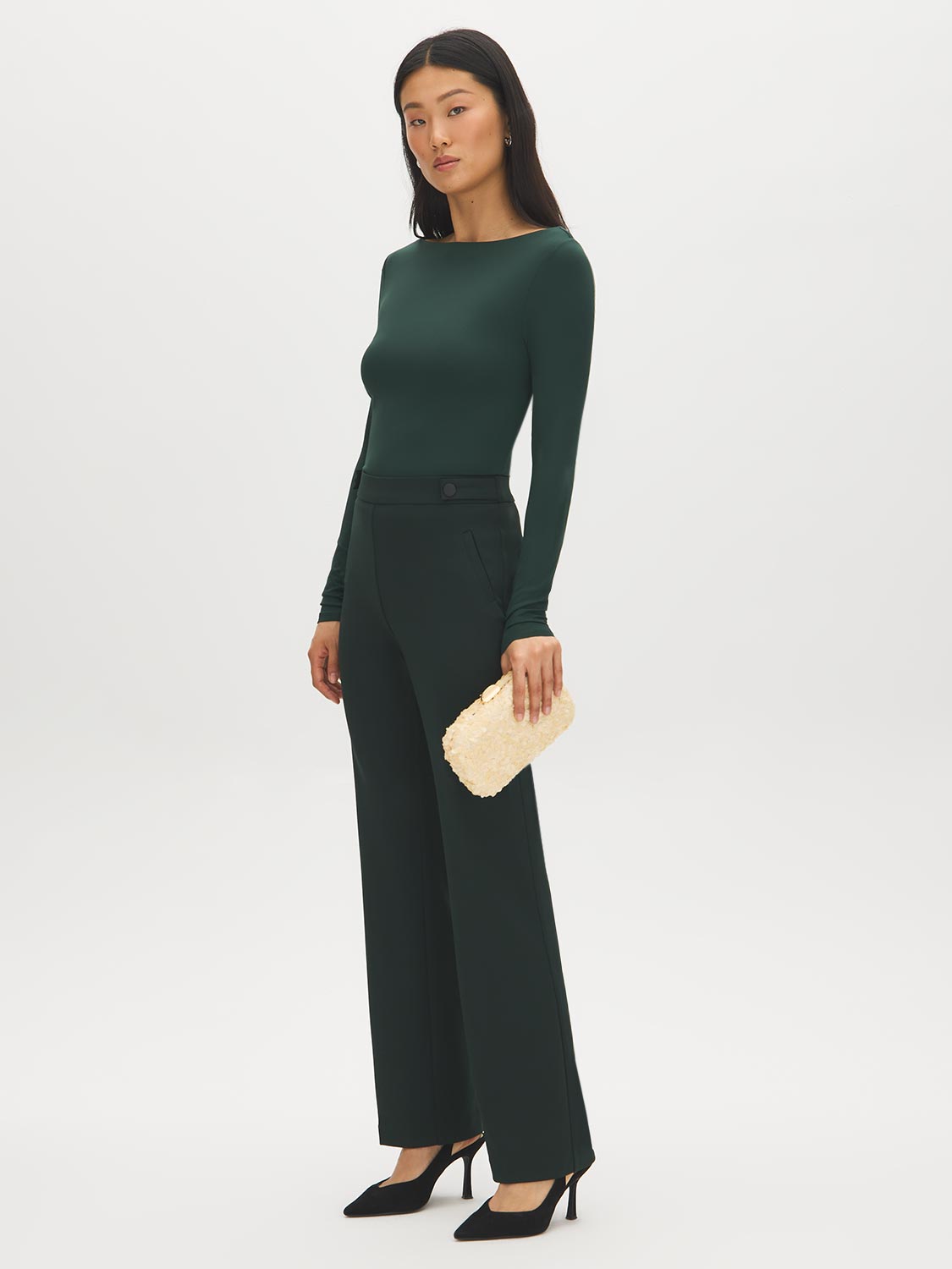 Jet Black Double Layer Boat Neck Top - Side Profile View - Suzy Shier
