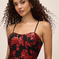 Red/Black Sequin Floral Mesh Bustier Midi Dress - Bustier Detail - Le Chateau