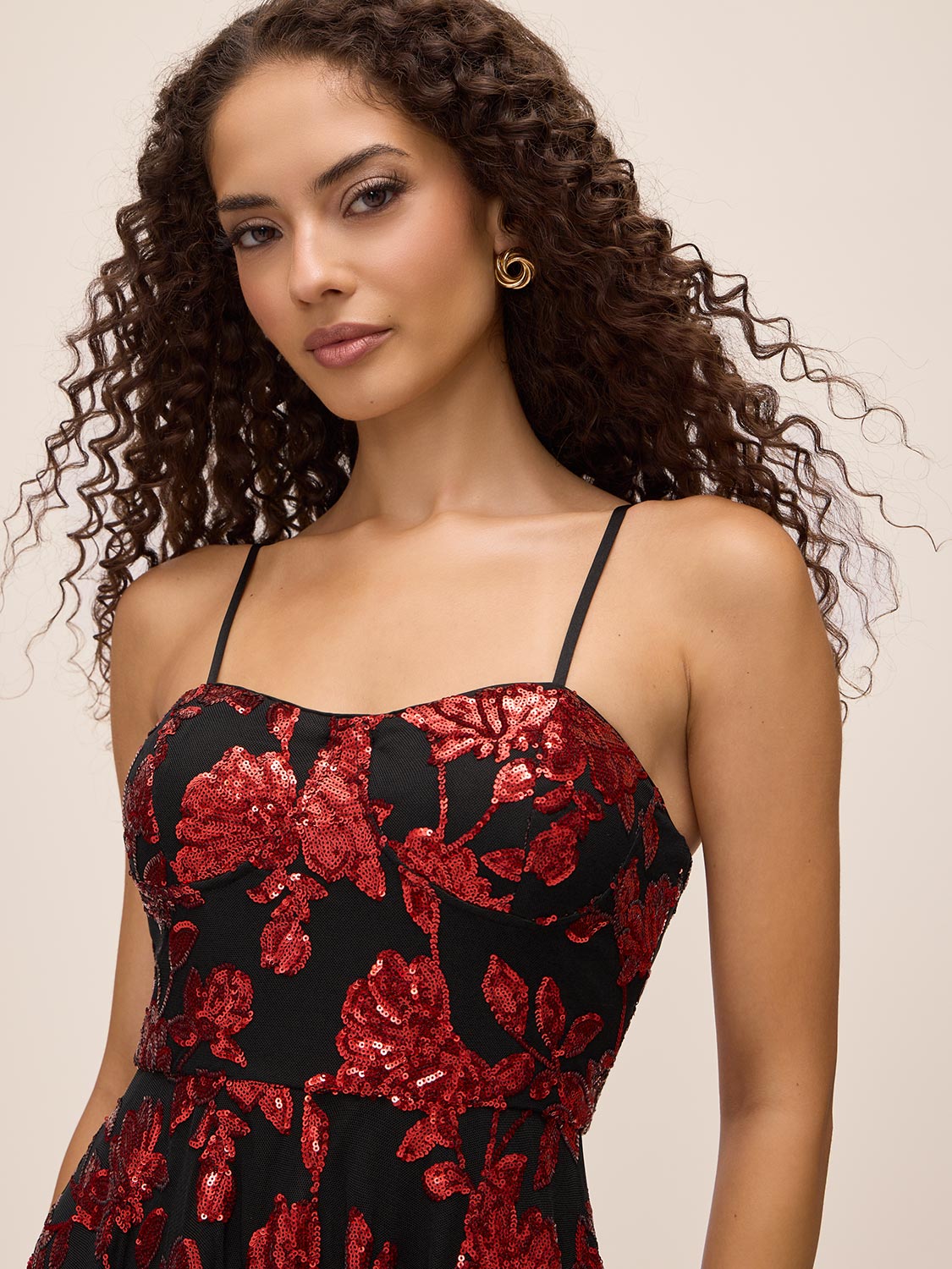 Red/Black Sequin Floral Mesh Bustier Midi Dress - Bustier Detail - Le Chateau