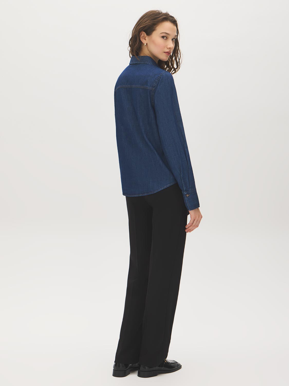 Dark Denim Wash Blouse with Removable Neck Tie - Back View - Suzy Shier