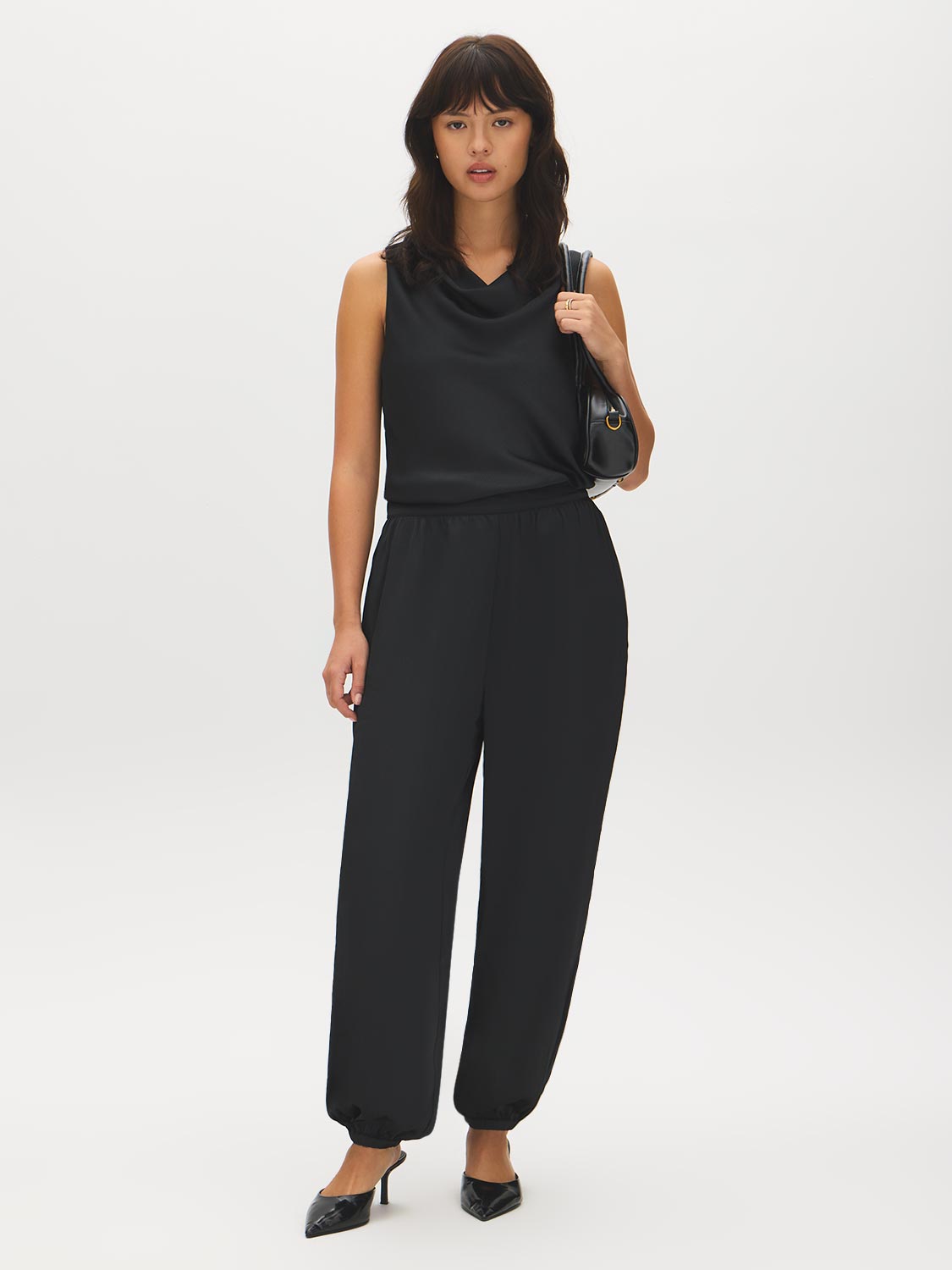 Black Pull-On Satin Pants with Elastic Back - Woman Wearing Relaxed Fit Satin Trousers - Suzy Shier