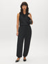 Black Pull-On Satin Pants with Elastic Back - Woman Wearing Relaxed Fit Satin Trousers - Suzy Shier