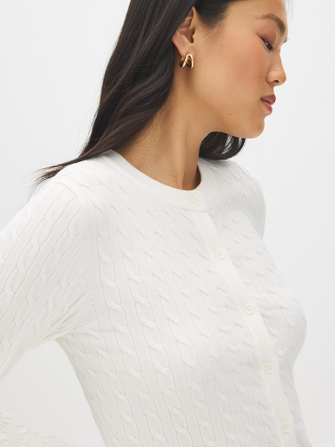 Snow White Cable Stitch Button-Front Cardigan - Side Profile View - Suzy Shier