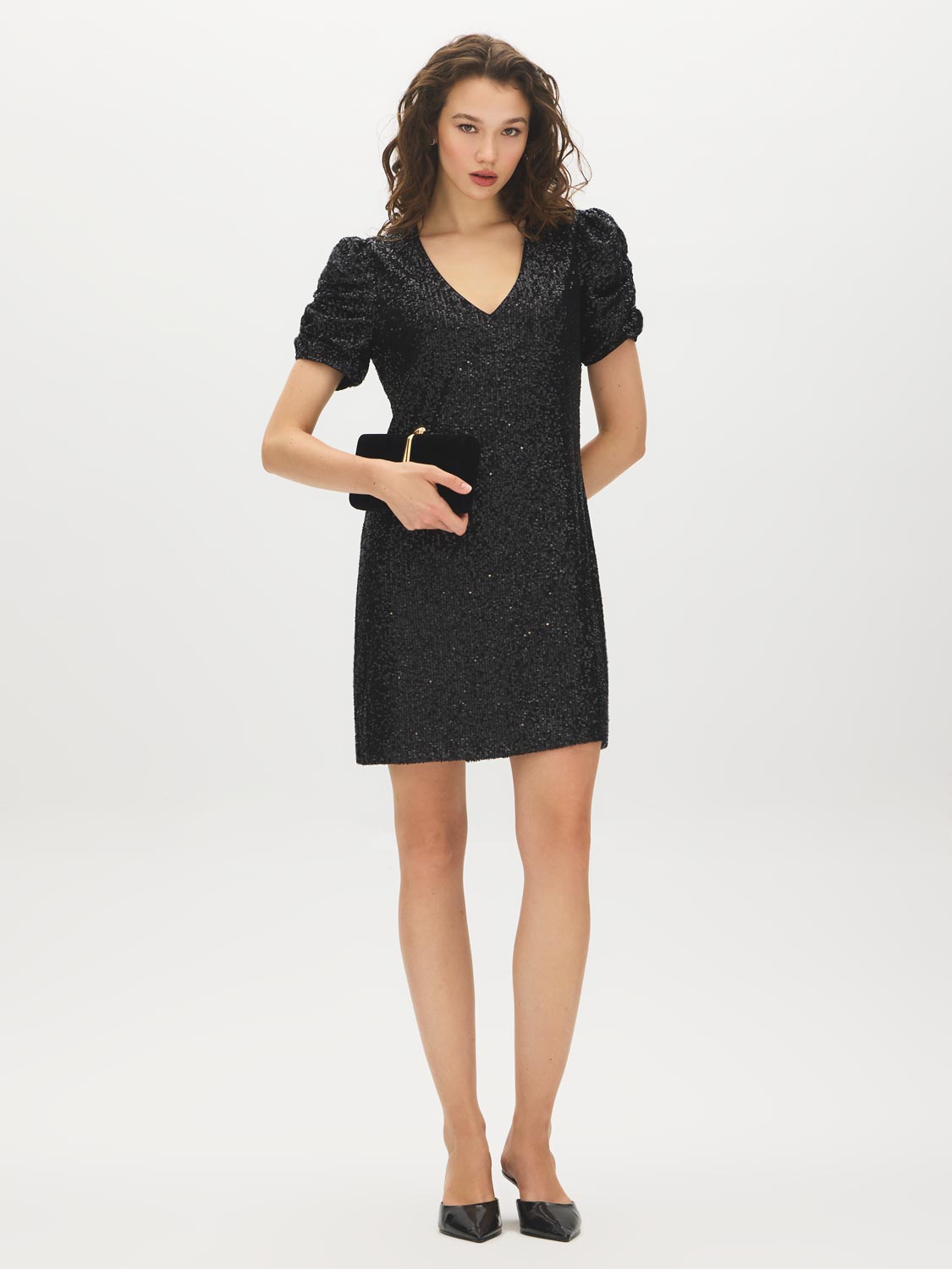 Jet Black Sequin V-Neck Dress with Caterpillar Sleeves - Full Body View - Suzy Shier