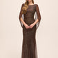 Bronze Metallic Crinkle Knit Gown with Cape - Front View - Le Chateau