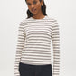 Beige Melange/Burgundy Striped Crew Neck Long Sleeve Top - Woman Wearing Classic Stripe Top - Suzy Shier