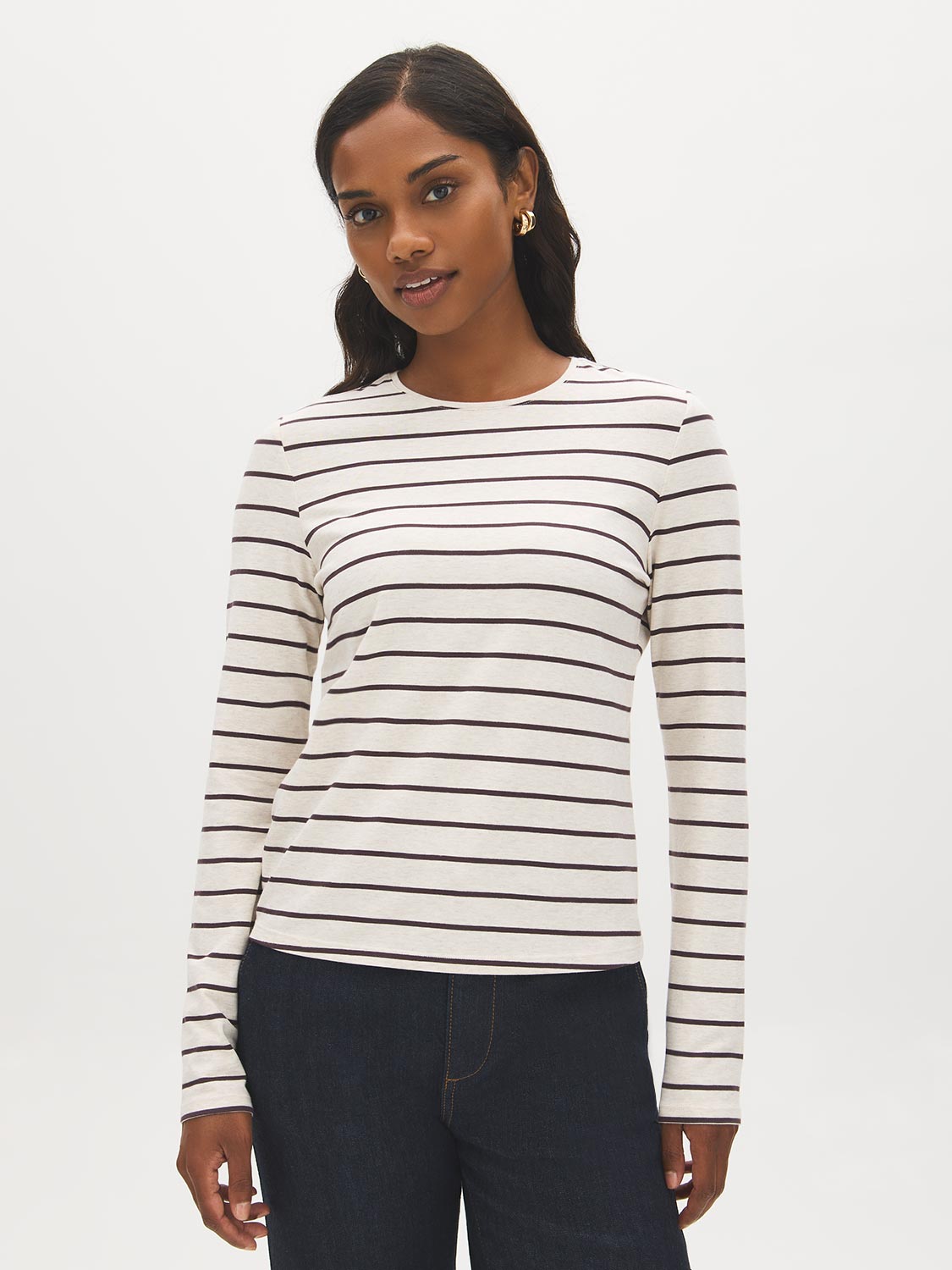 Beige Melange/Burgundy Striped Crew Neck Long Sleeve Top - Woman Wearing Classic Stripe Top - Suzy Shier