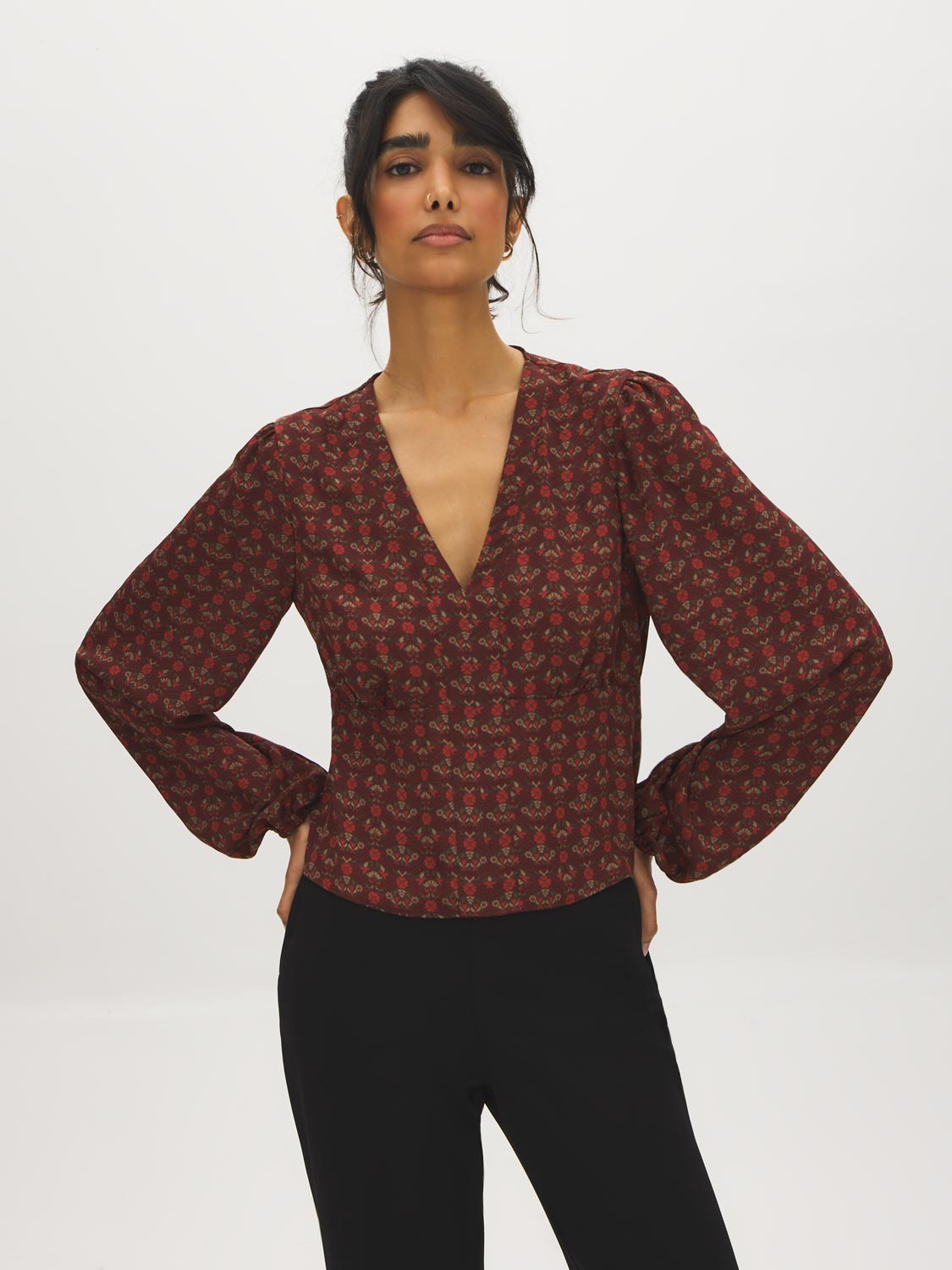 Coffee Bean Multi V-Neck Empire Cut Blouse - Woman Wearing Shirred Detail Top - Suzy Shier