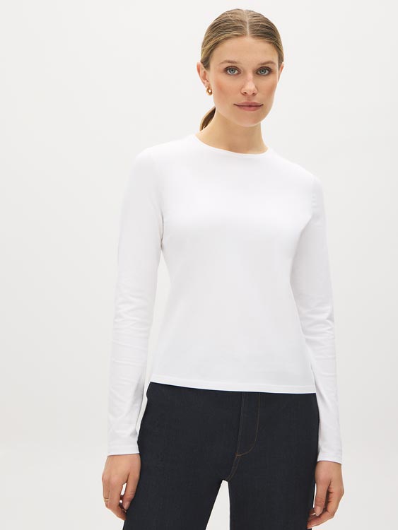 Bright White Long Sleeve Crew Neck Jersey Top - Woman Wearing Soft Cotton-Modal Top - Suzy Shier