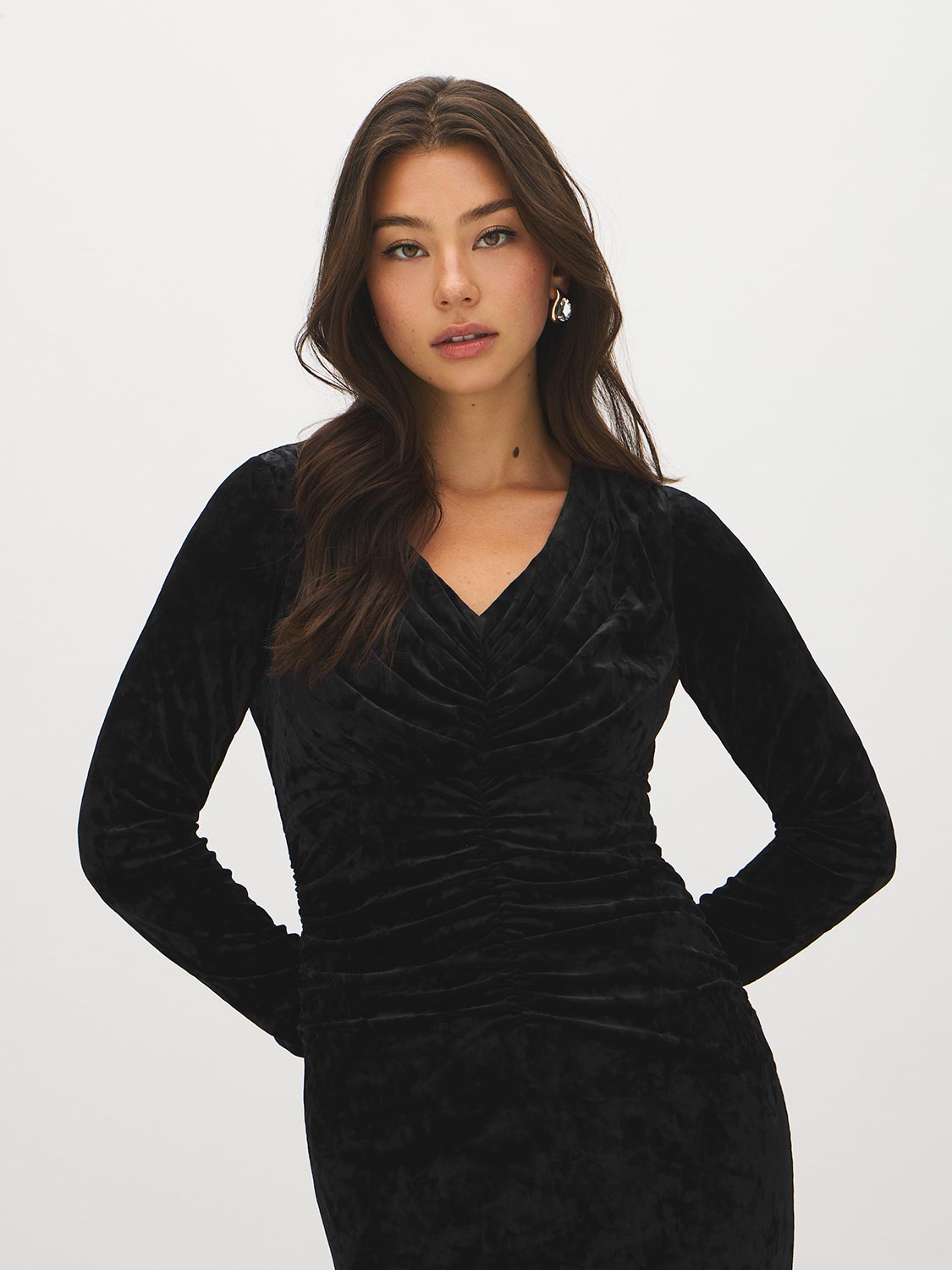 Black Crushed Velvet Dress with Front Gathering - Front View - Suzy Shier