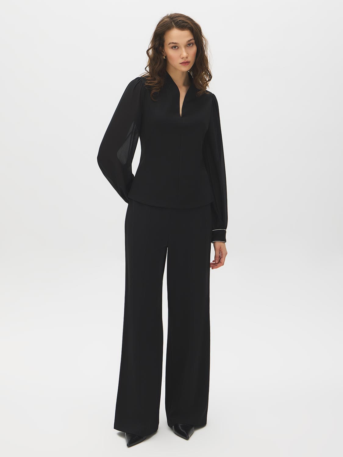 Jet Black V-Neck Top with Chiffon Sleeves and Rhinestone Cuffs - Front View - Suzy Shier