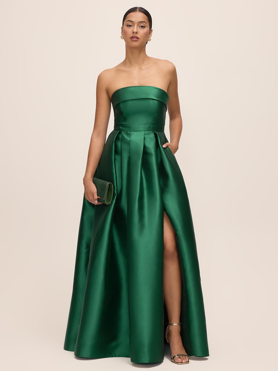 Dark Emerald Strapless Ballgown with Pleat Detail - Woman Wearing Floor-Length Evening Dress - Le Chateau