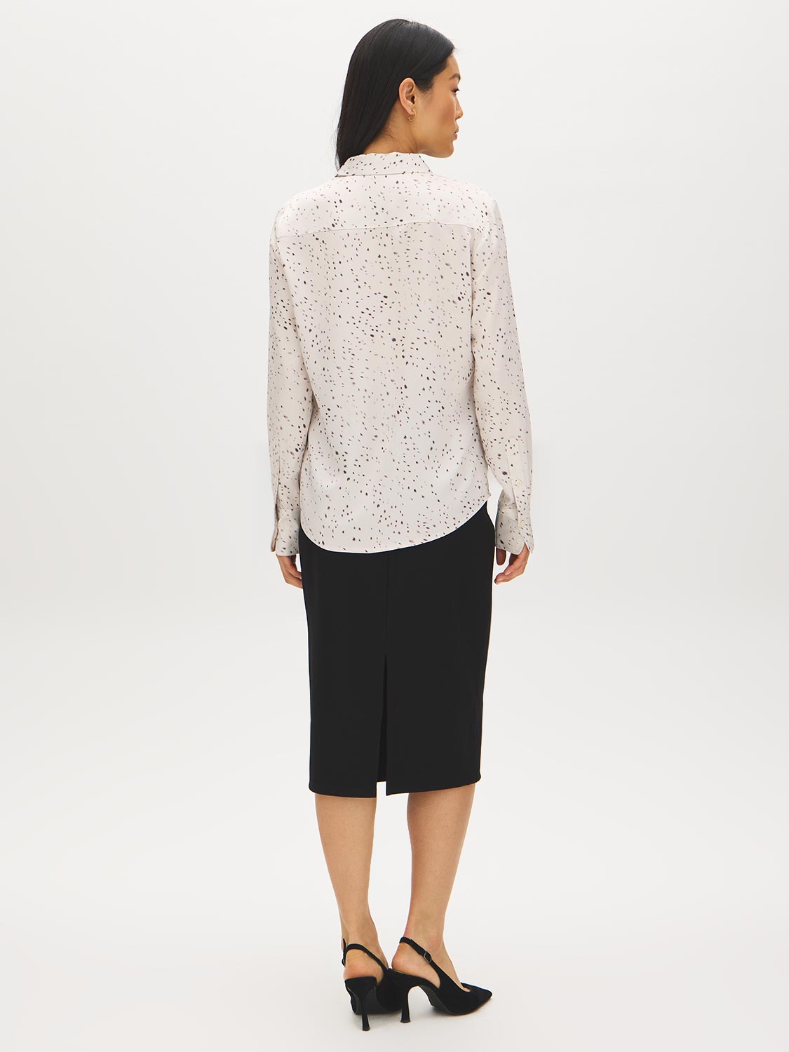 Oat Milk Printed Satin Blouse with V-Neck - Back View - Suzy Shier