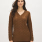 Bison Cable Knit V-Neck Sweater - Woman Wearing Textured Knitwear - Suzy Shier