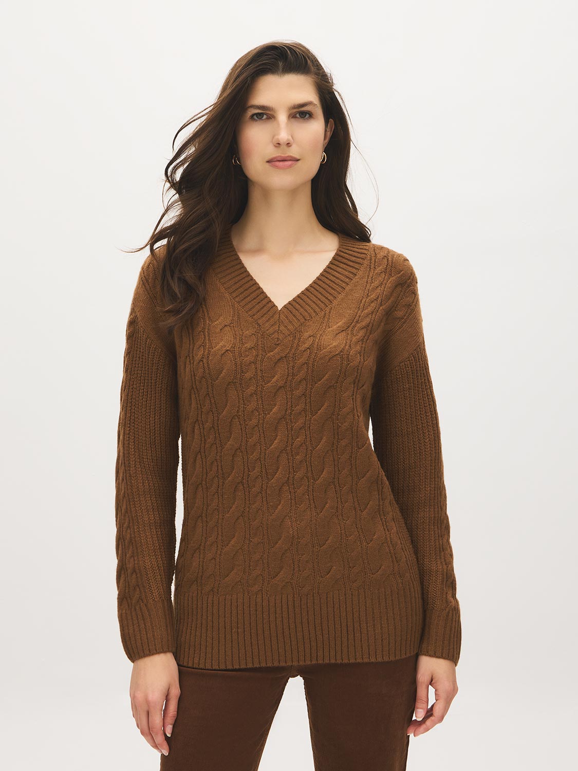Bison Cable Knit V-Neck Sweater - Woman Wearing Textured Knitwear - Suzy Shier