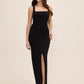 Black Square Neck Knit Crepe Gown with Wrap Skirt - Woman Wearing Elegant Evening Dress - Le Chateau
